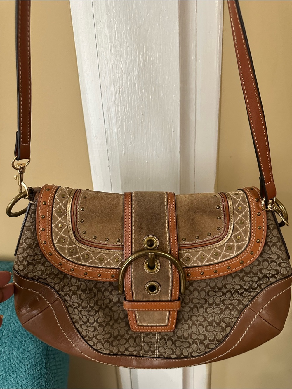 Vintage Coach Brown Patterned Saddle Shoulder Bag with Suede Accents